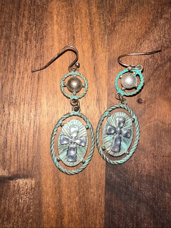 Jewelry - Vintage-Inspired Turquoise Patina Cross Drop Earrings